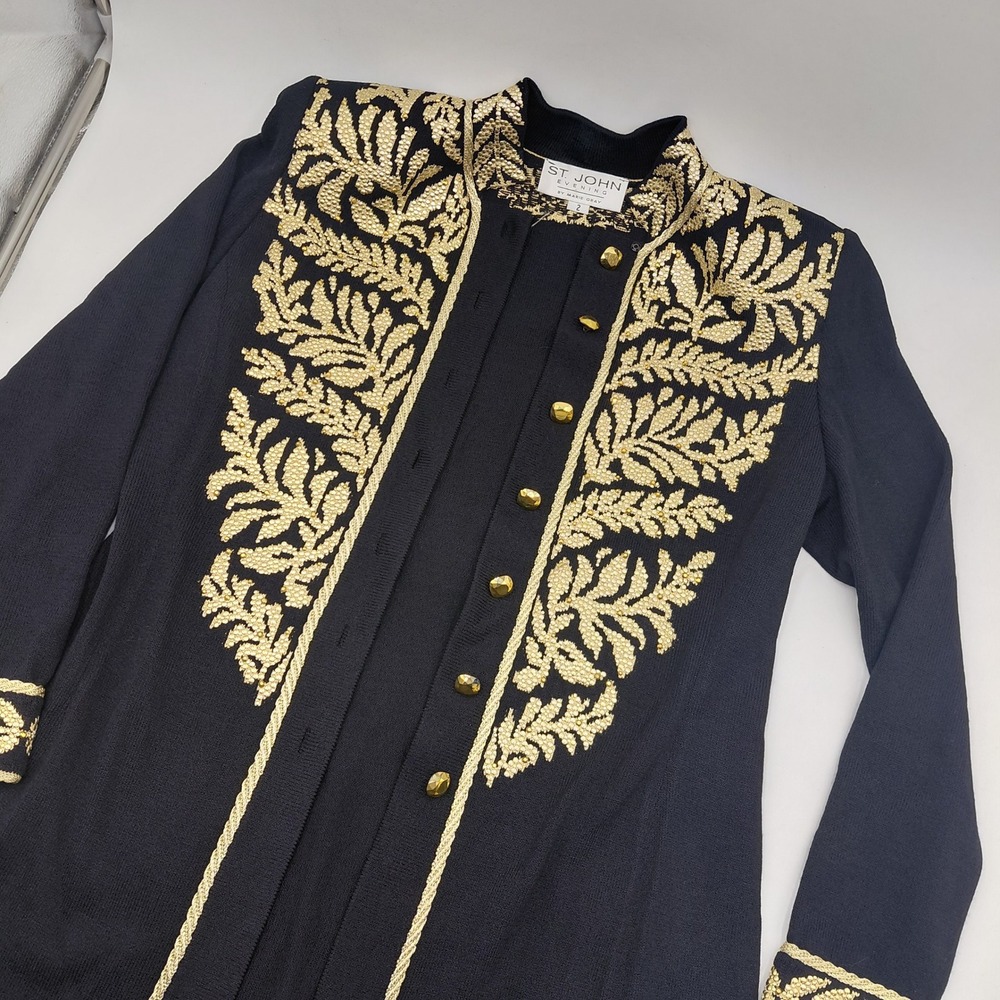 St John Evening Marie Gray Black Gold Knit Embroidered Long Cardigan Jacket 2